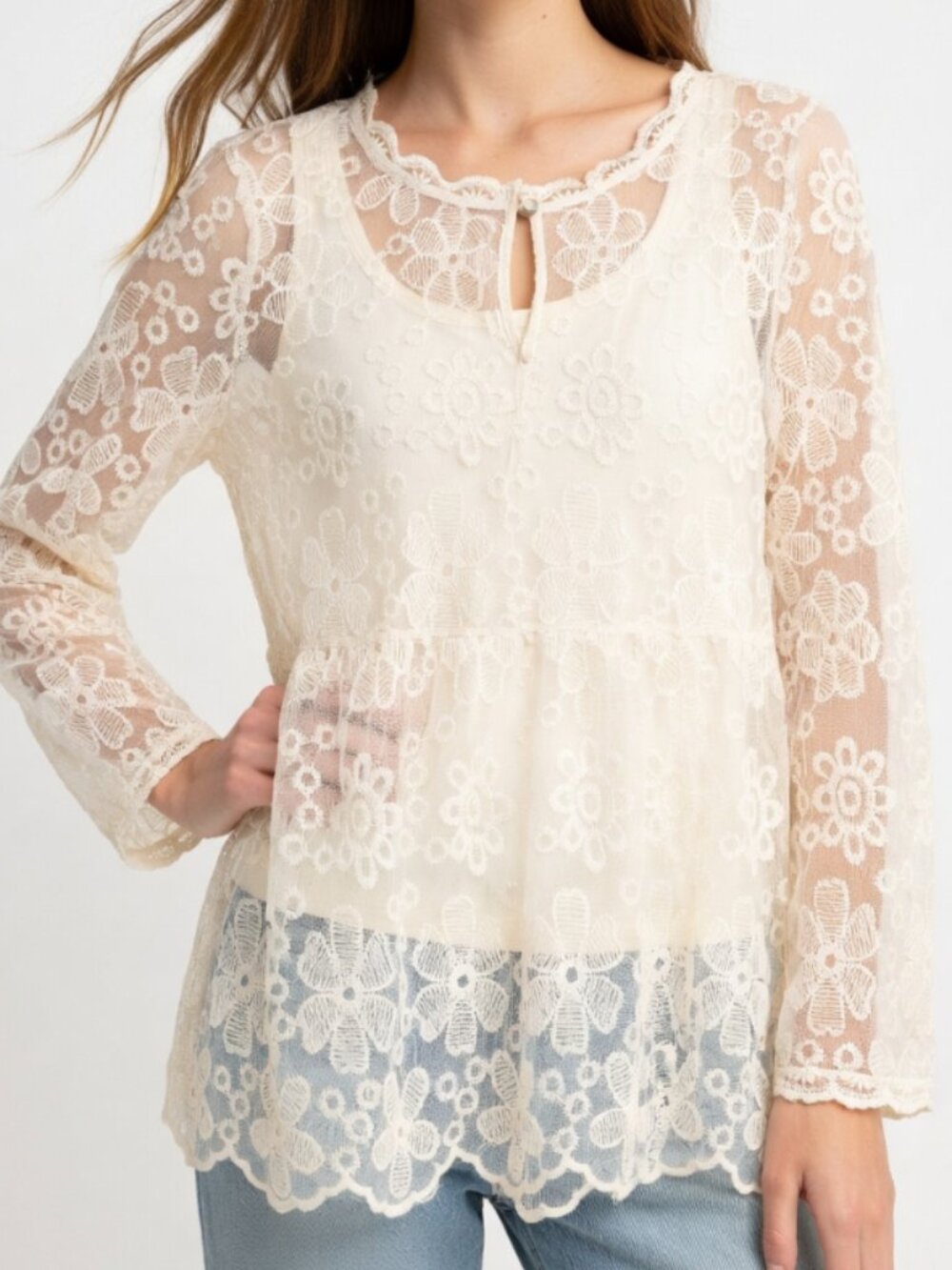 POL Floral Sheer Lace Boho Long Sleeve Top
